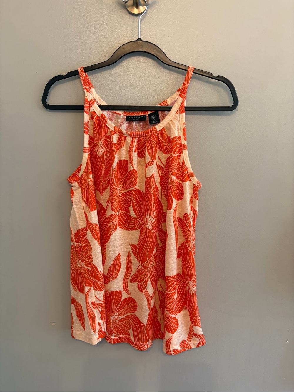 Tahari 100% Linen Sleeveless Tank Top vibrant orange and cream floral size XL